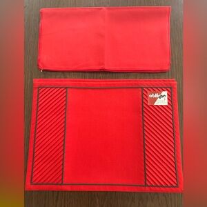 Vintage Oblique Red Green Christmas Quilted Placemats & Linen Napkins 4 ea. MCM